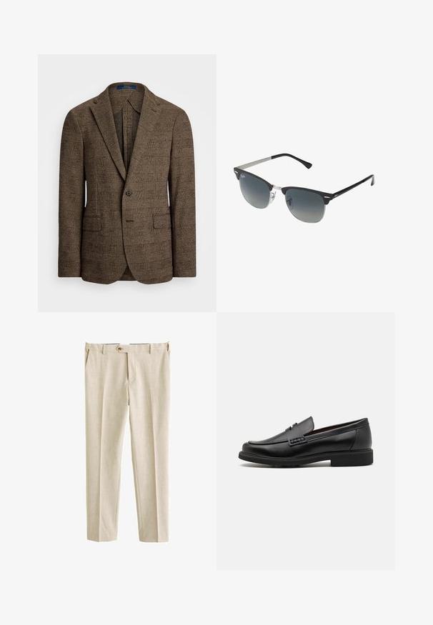 Brown checkered blazer with a notched lapel, two front pockets, and a single button closure. Textured fabric adds depth to the design.; Light blue long-sleeve button-up shirt with a classic collar, straight hem, and subtle texture. Features a central button closure.; Beige dress pants made from a textured fabric, featuring a standard waistband, front pleats, and a single button closure.; Black synthetic loafers with a prominent stitched front, cushioned insole, and flat rubber outsole; sleek design with minimal detailing.; Black and silver sunglasses with a cat-eye shape, gradient lenses, and metallic accents on the frame. Plastic arms with grey tips.