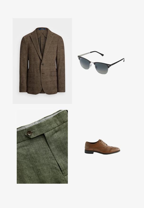 Brązowa marynarka w kratę z wyciętym kołnierzem, dwoma przednimi kieszeniami i zapięciem na jeden guzik. Teksturowana tkanina dodaje głębi do projektu.; Jasnoniebieska koszula z długim rękawem, zapinana na guziki, z klasycznym kołnierzykiem, prostym dołem i subtelną teksturą. Posiada centralne zapięcie na guziki.; Zielone lniane spodnie w odcieniu oliwkowym z plisami z przodu, posiadające zapięcie na guzik i kontrastową kratkowaną podszewkę w pasie.; Brązowe skórzane buty formalne z misternym detalem broguing, okrągłym noskiem i płaskim obcasem. Posiadają pięć otworów na sznurówki i gładką teksturę.; Czarno-srebrne okulary przeciwsłoneczne w kształcie kociego oka, z gradientowymi soczewkami i metalowymi akcentami na oprawie. Plastikowe ramiona z szarymi końcówkami.