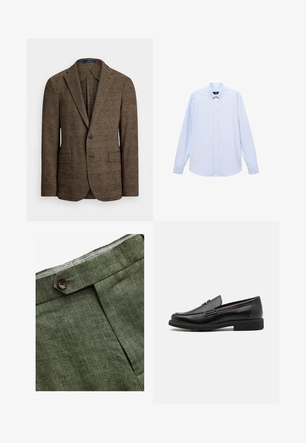 Blazer a scacchi marrone con revers a punta, due tasche frontali e chiusura con un solo bottone. Il tessuto testurizzato aggiunge profondità al design.; Camicia azzurra a maniche lunghe con colletto classico, orlo dritto e una trama sottile. Presenta una chiusura centrale con bottoni.; Pantaloni in lino verde oliva con piega frontale, dotati di chiusura con bottone e una fodera a quadretti a contrasto nella cintura.; Mocassini sintetici neri con una spessa cucitura frontale, soletta imbottita e suola piatta in gomma; design elegante con dettagli minimi.