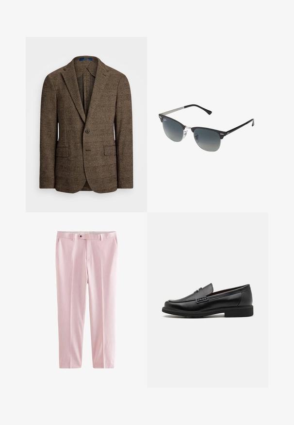 Braun kariertes Sakko mit Spitz- Revers, zwei Vordertaschen und einem Knopfverschluss. Der strukturierte Stoff verleiht dem Design Tiefe.; Hellblaues Langarmhemd mit Knopfleiste, klassischem Kragen, geradem Saum und subtiler Textur. Mit zentraler Knopfverschluss.; Next MOTIONFLEX - Anzughose - pink; Schwarze synthetische Slipper mit einer markanten gesteppten Vorderseite, gepolstertem Fußbett und flacher Gummisohle; schlankes Design mit minimaler Detailverarbeitung.; Schwarze und silberne Sonnenbrille mit Katzenaugenform, verlaufenden Gläsern und metallischen Akzenten im Rahmen. Plastische Bügel mit grauen Spitzen.