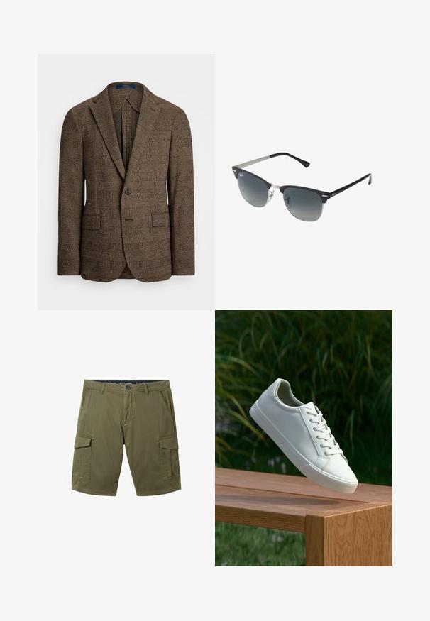 Braun kariertes Sakko mit Spitz- Revers, zwei Vordertaschen und einem Knopfverschluss. Der strukturierte Stoff verleiht dem Design Tiefe.; Hellblaues Langarmhemd mit Knopfleiste, klassischem Kragen, geradem Saum und subtiler Textur. Mit zentraler Knopfverschluss.; Olivgrüne Cargo-Shorts aus Baumwollmischung, mit zwei Seitentaschen und zwei Cargotaschen, Knopfverschluss und Gürtelschlaufen.; Weiße Schnürsneaker, die über einer Holzbank mit grünem Laub im Hintergrund schweben und das Schuhdesign sowie die Textur zeigen.; Schwarze und silberne Sonnenbrille mit Katzenaugenform, verlaufenden Gläsern und metallischen Akzenten im Rahmen. Plastische Bügel mit grauen Spitzen.