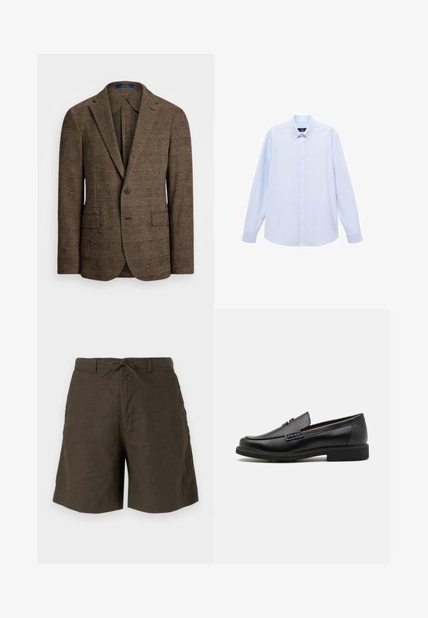 Rjav karirani blazer z razkošnim ovratnikom, dvema sprednjima žepoma in zapiranjem na en gumb. Teksturirano blago dodaja globino oblikovanju.; Svetlo modra srajca z dolgimi rokavi in gumbi, klasičnega ovratnika, ravnega roba in subtilne teksture. Ima srednje gumbno zapiranje.; Khaške kratke hlače iz lanu, z vrvico pri pasu, stranskimi žepi in sproščenim krojem ter gladko teksturo.; Črne sintetične loafers čevlje s poudarjenim šivanim sprednjim delom, blazinasto vložkom in ravnim gumijastim podplatom; eleganten dizajn z minimalnimi detajli.