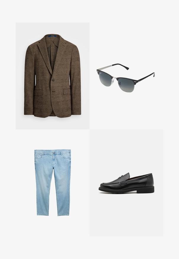 Braun kariertes Sakko mit Spitz- Revers, zwei Vordertaschen und einem Knopfverschluss. Der strukturierte Stoff verleiht dem Design Tiefe.; Hellblaues Langarmhemd mit Knopfleiste, klassischem Kragen, geradem Saum und subtiler Textur. Mit zentraler Knopfverschluss.; Helle blaue Jeans aus Denim mit geradem Bein, ausgestattet mit Fronttaschen, Gürtelschlaufen und einem Reißverschluss. Glatte, leichte Textur.; Schwarze synthetische Slipper mit einer markanten gesteppten Vorderseite, gepolstertem Fußbett und flacher Gummisohle; schlankes Design mit minimaler Detailverarbeitung.; Schwarze und silberne Sonnenbrille mit Katzenaugenform, verlaufenden Gläsern und metallischen Akzenten im Rahmen. Plastische Bügel mit grauen Spitzen.