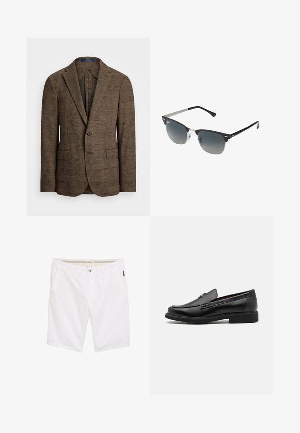 Braun kariertes Sakko mit Spitz- Revers, zwei Vordertaschen und einem Knopfverschluss. Der strukturierte Stoff verleiht dem Design Tiefe.; Hellblaues Langarmhemd mit Knopfleiste, klassischem Kragen, geradem Saum und subtiler Textur. Mit zentraler Knopfverschluss.; Weiße Shorts mit Reißverschluss und Knopfverschluss, zwei Seitentaschen und einem strukturierten Stoff mit subtilen Nahtdetails.; Schwarze synthetische Slipper mit einer markanten gesteppten Vorderseite, gepolstertem Fußbett und flacher Gummisohle; schlankes Design mit minimaler Detailverarbeitung.; Schwarze und silberne Sonnenbrille mit Katzenaugenform, verlaufenden Gläsern und metallischen Akzenten im Rahmen. Plastische Bügel mit grauen Spitzen.