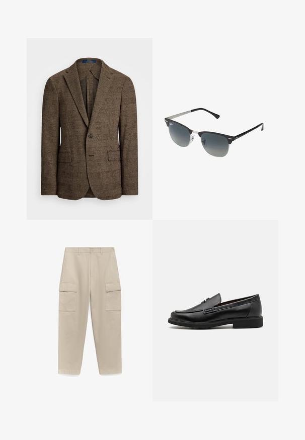 Bruine geruite blazer met een notch-lapel, twee voorzakken en een knoopsluiting met één knop. Gestructureerde stof voegt diepte toe aan het ontwerp.; Lichtblauwe overhemd met lange mouwen, knoopsluiting en een klassieke kraag, met een rechte zoom en een subtiele textuur. Voorzien van een centrale knoopsluiting.; Beige cargobroeken met een rechtlopende pasvorm, met twee grote zijzakken en een knoopsluiting bij de taille. Glad katoenmateriaal.; Zwarte synthetische loafers met een opvallende gestikte voorkant, gevoerde binnenzool en platte rubberen buitenzool; slank ontwerp met minimale details.; Zwarte en zilveren zonnebril met een cat-eye vorm, gradient lenzen en metalen accenten op het montuur. Plastic armen met grijze punten.