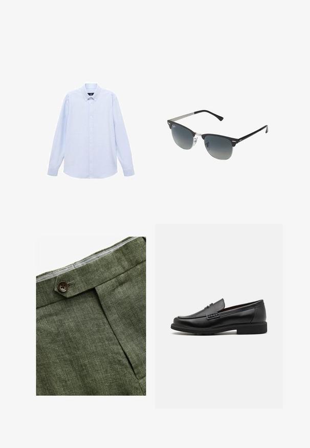 Hnedý károvaný blejzer s klopovým golierom, dvoma prednými vreckami a zapínaním na jeden gombík. Textúrovaná tkanina pridáva hĺbku dizajnu.; Svetlomodrá košeľa s dlhým rukávom a gombíkmi, s klasickým golierom, rovnými okrajmi a jemnou textúrou. Obsahuje centrálny gombíkový zapínací systém.; Olivové ľanové nohavice s predným záhybom, so zapínaním na gombík a kontrastnou kockovanou podšívkou na pase.; Čierne syntetické poltopánky s výrazným prešitým predným detailom, vycpanou vnútornou stielkou a plochou gumovou podrážkou; elegantný dizajn s minimálnym zdobením.; Čierne a strieborné slnečné okuliare v tvare mačacích očí so stupňovými šošovkami a kovovými akcentmi na ráme. Plastové nožičky s šedými koncami.