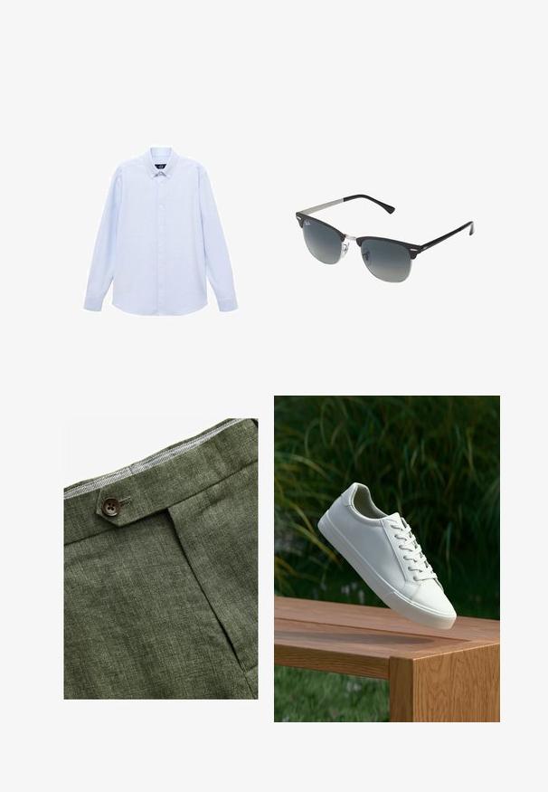 Hnědý kostkovaný blejzr s klopou, dvěma předními kapsami a jedním knoflíkovým zapínáním. Texturovaná tkanina dodává designu hloubku.; Světle modrá košile s dlouhým rukávem a klasickým límcem, rovný lem a jemná textura. Má centrální uzávěr na knoflíky.; Olivově zelené lněné kalhoty s předním záhybem, vybavené zapínáním na knoflík a kontrastní kostkovanou podšívkou v pase.; Bílé šněrovací tenisky, které se vznášejí nad dřevěnou lavicí, s zeleným listím v pozadí, předvádějící design a strukturu boty.; Černé a stříbrné sluneční brýle ve tvaru kočičích očí, se stupňovitými skly a kovovými detaily na rámu. Plastové nožičky s šedými konci.