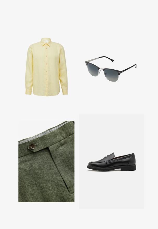 Bruine geruite blazer met een notch-lapel, twee voorzakken en een knoopsluiting met één knop. Gestructureerde stof voegt diepte toe aan het ontwerp.; Langarmige gele linnen shirt met een knoopsluiting aan de voorkant, een puntige kraag en lichtbruine knopen. Heeft een gladde textuur en een relaxte pasvorm.; Olijf groene linnen broek met een voorplooi, voorzien van een knoopsluiting en een contrasterende geruite voering bij de tailleband.; Zwarte synthetische loafers met een opvallende gestikte voorkant, gevoerde binnenzool en platte rubberen buitenzool; slank ontwerp met minimale details.; Zwarte en zilveren zonnebril met een cat-eye vorm, gradient lenzen en metalen accenten op het montuur. Plastic armen met grijze punten.