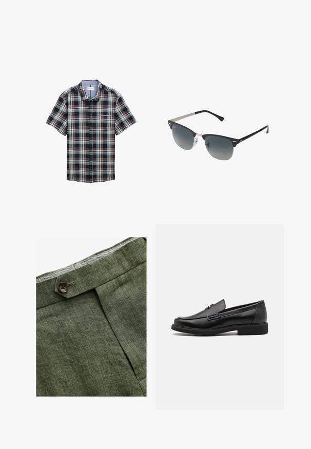 Brown checkered blazer with a notched lapel, two front pockets, and a single button closure. Textured fabric adds depth to the design.; Short-sleeve plaid shirt in navy, red, and green. Features button front, chest pocket, and check pattern with contrasting collar.; Olive green linen trousers with a front pleat, featuring a button closure and a contrasting checkered lining at the waistband.; Black synthetic loafers with a prominent stitched front, cushioned insole, and flat rubber outsole; sleek design with minimal detailing.; Black and silver sunglasses with a cat-eye shape, gradient lenses, and metallic accents on the frame. Plastic arms with grey tips.