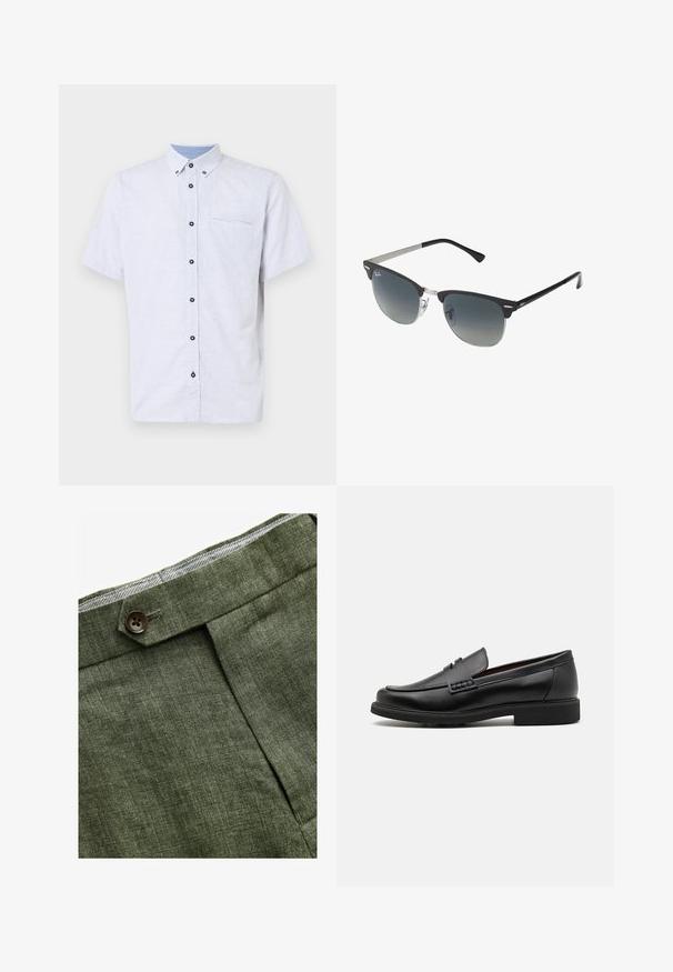 Hnedý károvaný blejzer s klopovým golierom, dvoma prednými vreckami a zapínaním na jeden gombík. Textúrovaná tkanina pridáva hĺbku dizajnu.; Krátky rukáv, košeľa na gombíky v bielej farbe s námorníckym modrým geometrickým vzorom, kontrastný golier a jedna náprsné vrecko s čiernymi gombíkmi.; Olivové ľanové nohavice s predným záhybom, so zapínaním na gombík a kontrastnou kockovanou podšívkou na pase.; Čierne syntetické poltopánky s výrazným prešitým predným detailom, vycpanou vnútornou stielkou a plochou gumovou podrážkou; elegantný dizajn s minimálnym zdobením.; Čierne a strieborné slnečné okuliare v tvare mačacích očí so stupňovými šošovkami a kovovými akcentmi na ráme. Plastové nožičky s šedými koncami.