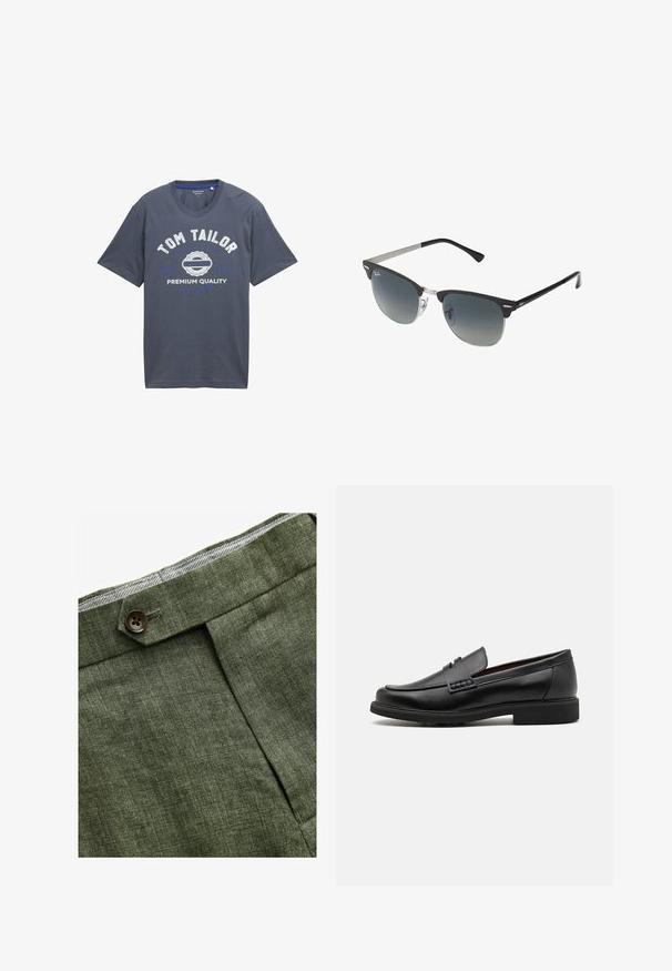 Brun ternet blazer med skrålapel, to frontlommer og enkeltknaplukning. Den strukturerede stof giver dybde til designet.; Marineblå bomulds T-shirt med korte ærmer, rund hals, med hvid og blå trykt tekst: "TOM TAILOR," "PREMIUM QUALITY," og logo grafik.; Olivenfarvede linnedbukser med en frontfold, prydet med en knaplukning og et kontrastfarvet ternet for i taljebåndet.; Sorte syntetiske loafers med en fremtrædende syet front, polstret indersål og flad gummiydersål; slankt design med minimal detaljer.; Sorte og sølv solbriller med katteøje-form, gradient linser og metalliske detaljer på rammen. Plastiske arme med grå spidser.