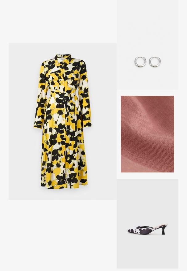 Material tessile con una superficie morbida e texturizzata in una tonalità di rosa tenue, caratterizzato da un sottile motivo diagonale e una sensazione di morbidezza.; Abito a maniche lunghe con motivo floreale giallo, bianco e nero. Presenta chiusura con bottoni sul davanti, colletto, due tasche sul petto e una cintura in vita.; Décolleté slingback in design di stampa bovina bianco e nero. Parte superiore in tessuto con finitura testurizzata e tacco nero sottile.; Borsa a tracolla gialla, intrecciata, con un design quadrato, caratterizzata da una texture liscia, una tracolla decorativa annodata e accessori in tono oro.; Orecchini a cerchio in argento con finitura lucida, caratterizzati da una forma circolare e una chiusura a cerniera, che enfatizzano un design elegante e minimalista.