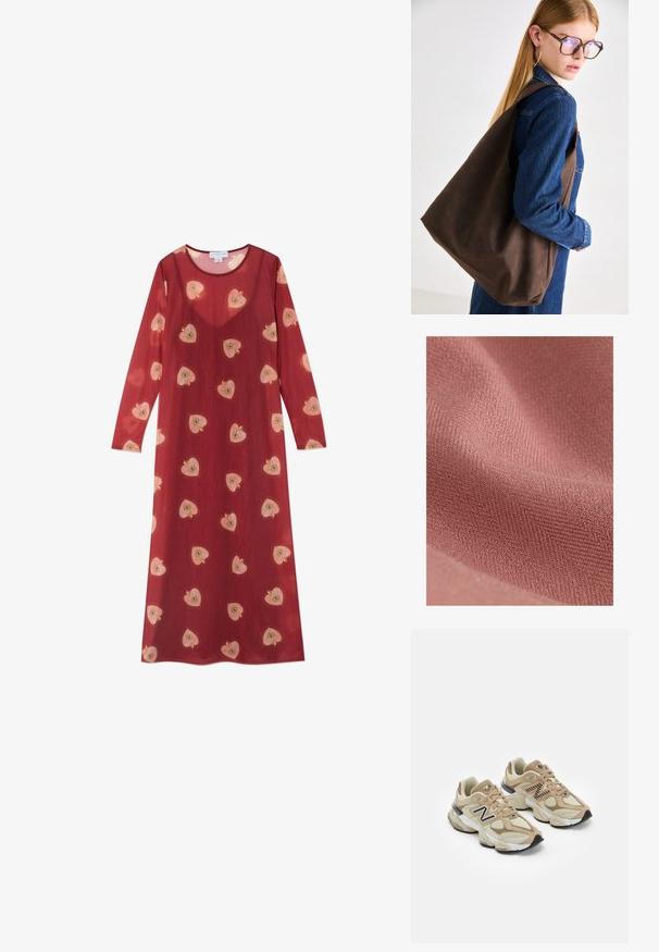 Textil anyag, puha, textúrált felülettel, tompa rózsaszín árnyalatban, finom átlós mintázattal és plüss érzetű.; Hosszú, piros, áttetsző ruha, kerek kivágással és hosszú ujjal. Szórt, hímzett rózsaszín és sárga szívmintákkal díszített.; Beige sportcipők hálós és bőrszövet anyagból. Fekete logóval és texturált részletekkel rendelkezik. Vastag fehér középtalpa és fekete gumi talpa van.; Barna bőr bevásárlótáska puha textúrával, tágas kialakítással és egyetlen pánttal. Egy kék farmerdzsekihez viselve.