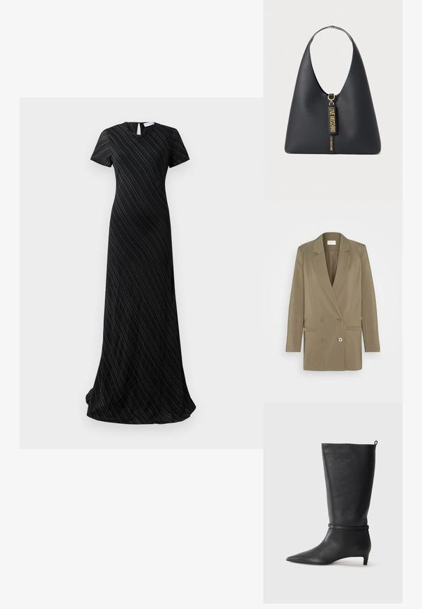 Dvostruki sako u maslinasto zelenoj boji, s reverima, dva prednja džepa i suptilnom teksturom. Dizajniran s strukturiranim krojem.; Crna haljina do poda s kratkim rukavima, suptilnim dijagonalnim trakama i malim otvorom u obliku ključa na stražnjem izrezu.; Crne kožne čizme visine do koljena s izduženim prstima, ukrašene okruglom trakom oko gležnja i niskom, suženom petom. Glatka tekstura.; Crna kožna torba za rame sa širokim remenom, zlatnim dijelovima i dvije viseće oznake utisnute s "LOVE MOSCHINO" zlatnim slovima.