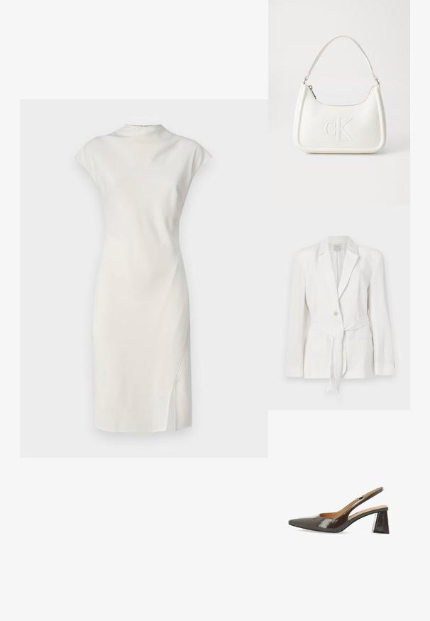 Hvit lin blazer med en enkelt knappelukking, notched lapels og et stoffbelte. Har to frontlommer og en teksturert overflate.; Hvit, ermeløs kjole med høy hals og sideslitt. Glatt tekstur, tettsittende design og minimalistisk stil.; Slingback høyhælte sko i glanset, mørkebrun lakk, spiss tå, utskårne sider og firkantet blokkhæl.; Hvit lærveske med en buet fasong, med et preget "CK"-logo på forsiden og en enkel skulderstropp. Glidelåslukking på toppen.