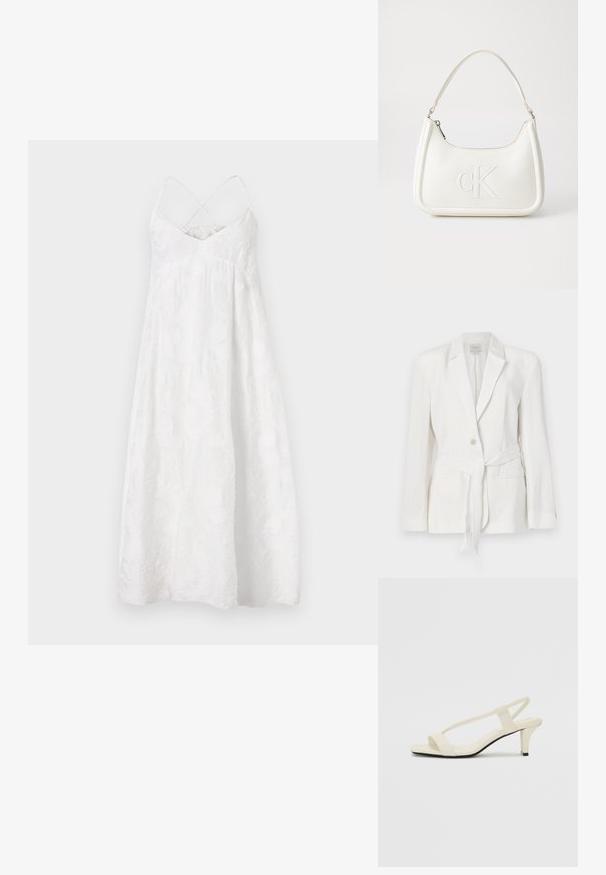 Bela lanena teka s single gumbom, z zarezanim ovratnikom in tkanim pasom. Ima dva sprednja žepa in teksturirano površino.; DRYKORN AVISSA - Dnevna obleka - off white; Bež sandale z blok peto, tankimi trakovi in kvadratnim prstom. Gladek material z minimalnim okrasjem, zasnovan za enostavno nošenje.; Bela usnjena torbica s ukrivljeno obliko, ki na sprednji strani nosi vžgano logo "CK" in ima eno naramnico. Zadrga za zapiranje na vrhu.