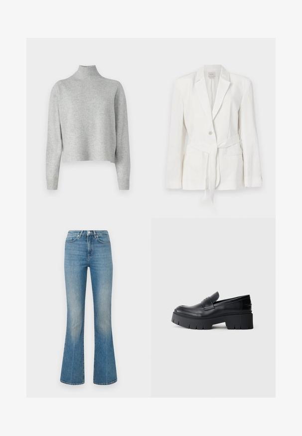 Bílý plátěný blejzr s jedním knoflíkem, s klopami a látkovým páskem. Má dvě přední kapsy a texturovaný povrch.; Světle šedý rolák vyrobený z měkké pleteniny, s dlouhými rukávy a žebrovaným lemem a manžetami. Bez vzorů nebo kovových detailů.; Svetle modré zvonové džíny vyrobené z denimu. Mají pásek se zapínáním na knoflík a zesvětlený vzhled, zúžující se k širokému lemu u kotníků.; Černé robustní platformové polobotky s hladkým koženým svrškem, dekorativním páskem a silnou texturovanou podrážkou na bílém pozadí.