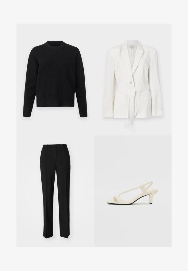 White linen blazer with a single button closure, notched lapels, and a fabric belt. Features two front pockets and a textured finish.; Black sweater made of soft fabric, with a round neckline, long sleeves, and a relaxed fit, featuring a smooth texture.; Black tailored trousers with a straight-leg design, featuring a smooth texture and crisp creases along the front. No visible hardware.; Beige block-heeled sandals with thin straps and a square toe. Smooth material with minimal detailing, designed for easy wear.