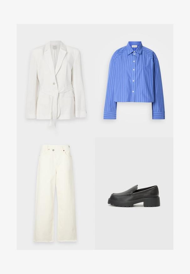 Hvit lin blazer med en enkelt knappelukking, notched lapels og et stoffbelte. Har to frontlommer og en teksturert overflate.; Kuttet blå skjorte med vertikale hvite striper, klassisk krage, lang erm og knappelukking; laget av glatt, lett stoff.; Bredde ben, kremfarget jeans laget av denim, med høy midje, fem lommer, og en rå hemline for en avslappet passform.; Sorte skinnloafers med rund tå, tykk teksturert såle og minimale sømdetaljer. Strømlinjeformet design uten synlige snørebånd eller hardvarer.