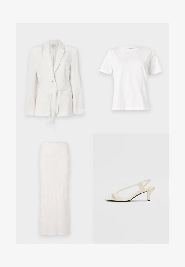 Blazer en lin blanc avec une fermeture à un bouton, revers crantés et une ceinture en tissu. Comprend deux poches avant et une finition texturée.; T-shirt en coton blanc à manches courtes, col rond et coupe décontractée. Texture lisse, sans motifs ni accents, design minimaliste.; Jupe blanche mi-longue en tissu texturé, présentant un motif brodé avec des franges subtiles. Coupe droite et taille sans couture.; Sandales beiges à talons carrés avec des fines brides et un bout carré. Matière lisse avec des détails minimaux, conçues pour un port facile.