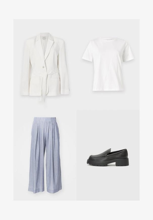 Witte linnen blazer met een enkele knoopsluiting, ingezette revers en een stoffen riem. Bevat twee voorzakken en heeft een gestructureerde afwerking.; Witte katoenen t-shirt met korte mouwen, ronde halslijn en een ontspannen pasvorm. Gladde textuur, geen patronen of accenten, minimalistisch ontwerp.; sessùn ISLA MINIMA - Broek - chambray blue; Zwarte leren instappers met een ronde neus, dikke getextureerde zool en minimale stikseldetails. Strak ontwerp zonder zichtbare veters of hardware.