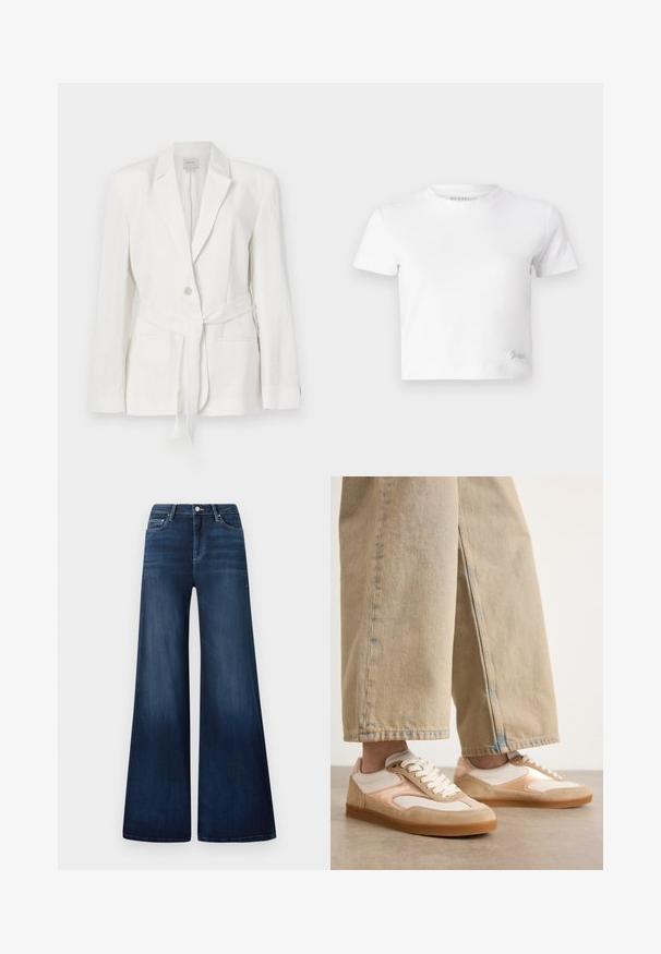 Bela lanena teka s single gumbom, z zarezanim ovratnikom in tkanim pasom. Ima dva sprednja žepa in teksturirano površino.; Bela skrajšana majica iz gladkega bombaža, z visokim ovratnikom in kratkimi rokavi. Majhen vezen logotip v spodnjem kotu.; Temne modri široki kavbojke z visokim pasom, narejene iz denima, s subtilnim zbledelim videzom, sprednjimi žepi in klasičnim gumbom za zapiranje.; Peščene in smetane superge z dizajnom iz semiša in mrežice, ki vključujejo vezalni sistem in gumijaste podplate, v kombinaciji s peščenimi širokimi hlačami.