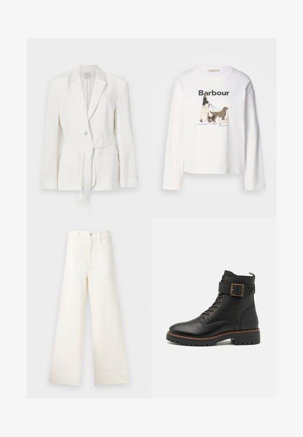 Biały lniany żakiet z pojedynczym zapięciem na guzik, klapami notched i materiałowym paskiem. Posiada dwie przednie kieszenie oraz teksturowane wykończenie.; Biała koszulka z długim rękawem z grafiką osoby spacerującej z trzema psami, z napisem "Barbour" wydrukowanym powyżej na czarno.; Szerokie spodnie w jasnym beżowym kolorze wykonane z bawełny. Charakteryzują się wysokim stanem, kieszeniami z przodu oraz prostym krojem. Czyste wykończenie brzegów bez wzorów.; Barbour HEIDI czarny