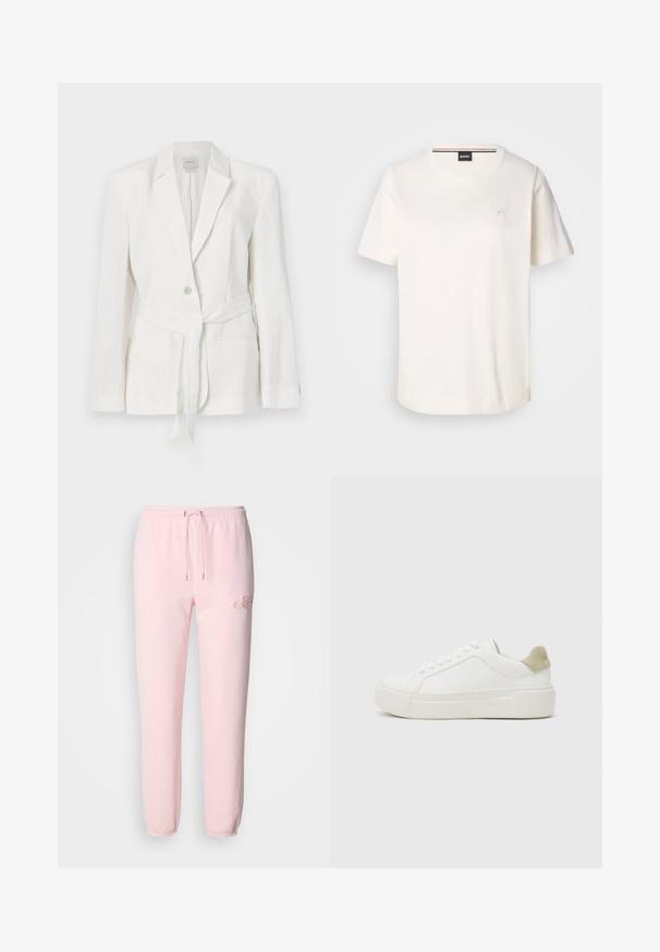 Weißes Leinenblazer mit einem einzelnen Knopfverschluss, Reverskragen und einem Stoffgürtel. Verfügt über zwei Fronttaschen und eine strukturierte Optik.; Weißes Baumwoll-T-Shirt mit kurzen Ärmeln, rundem Ausschnitt und kleinem Logo auf der Brust. Glatte Textur und gerader Saum.; Hellrosa Sweatpants aus weichem Material, mit einem elastischen Bund und Kordelzug, schmal zulaufenden Bündchen und dezentem gesticktem Logodetail.; Weißer Sneaker mit einem Obermaterial aus glattem Leder, hellgrauem Wildlederbesatz an der Ferse und einer klobigen weißen Gummisohle. Mit Schnürdesign.