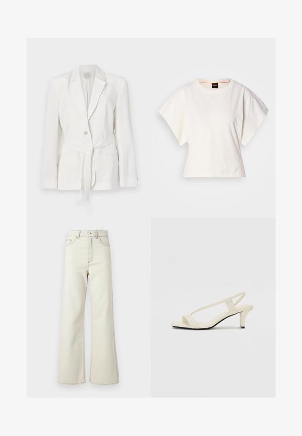 Blazer en lin blanc avec une fermeture à un bouton, revers crantés et une ceinture en tissu. Comprend deux poches avant et une finition texturée.; T-shirt blanc cintré, manches courtes et larges, en coton doux, décolleté rond avec une discrète bordure orange, design minimaliste, sans motifs ni graphiques.; Jeans en denim beige taille haute avec jambes larges, présentant des coutures légères et une fermeture éclair à l'avant. Aucune poche visible.; Sandales beiges à talons carrés avec des fines brides et un bout carré. Matière lisse avec des détails minimaux, conçues pour un port facile.