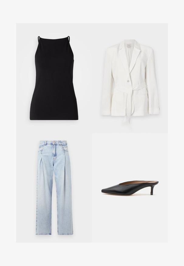 Weißes Leinenblazer mit einem einzelnen Knopfverschluss, Reverskragen und einem Stoffgürtel. Verfügt über zwei Fronttaschen und eine strukturierte Optik.; Schwarze Spaghettiträgershirt aus weichem Stoff. Mit einem runden Ausschnitt und einer taillierten Silhouette, ohne Muster oder Verzierungen.; Helle blaue Denim-Jeans mit hoher Taille, weitem Beinschnitt, zwei seitlichen Taschen und gefaltetem Design. Weiche Textur mit einem ausgebleichten Finish.; Schwarze Leder-Mules mit spitzem Zehenbereich und niedrigem Blockabsatz. Glatte Textur mit elegantem Design. Offene Rückseite mit minimaler Gestaltung.