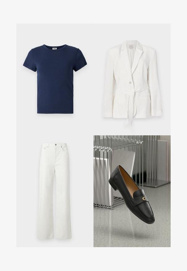 Balts linu žakets ar vienu pogu, ar izdēvētām atloku malām un auduma jostu. Iezīmē divas priekšējās kabatas un teksturētu apdari.; Tumši zils, īsām piedurknēm T-krekls, kas izgatavots no ribotas kokvilnas, ar klasisku apļa kakla izgriezumu un bezšuvju plecu dizainu.; Samsøe Samsøe SHELLY - Brīva piegriezuma džinsi - clear cream; Melni ādas mokasīni ar zelta akcentu, noapaļotu purngalu un gludu tekstūru, karājoties virs atstarojošas virsmas ar metāla plauktiem.