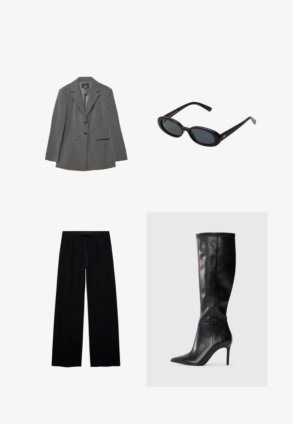 Grå stribet blazer med en skræddersyet pasform, notched revers, to knapper og to forlommer. Fremstillet af tekstureret stof med en glat foring.; Sort bodysuit med lange gennemsigtige ærmer, draperet stof foran og en tætsiddende nederdel. Glat tekstur med en kropsnær silhuet.; Sorte vidde bukser med en glat tekstur, to frontfolder og et elastisk talje for komfort. Ingen synlig hardware eller mønstre.; Knæhøje sorte læderstøvler med spids tå og stiletto-hæl, der har en glat overflade og et minimalistisk design uden synlige decorationer.; Store store