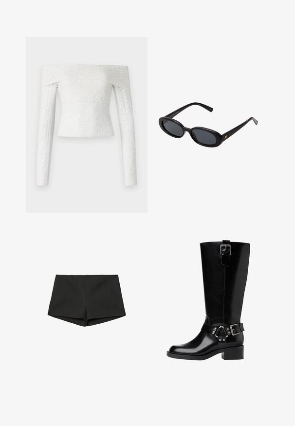 Grau gestreifter Blazer mit taillierter Passform, Reverskragen, zwei Knöpfen und zwei vorderen Taschen. Hergestellt aus strukturiertem Stoff mit glattem Futter.; Schulterfreies weißes Spitzenoberteil mit langen Ärmeln, das ein strukturiertes Blumenmuster und eine figurbetonte Silhouette aufweist.; Schwarze Shorts aus strukturiertem Stoff, mit hohem Bund und figurbetontem Schnitt mit Vordernähten. Keine Taschen oder Verschlüsse sichtbar.; Schwarze kniehohe Lederstiefel mit runder Zehenform, einem massiven Absatz, verstellbarem Riemen mit Hardware-Akzenten und einem glänzenden Finish.; Schwarze, oversized Sonnenbrillen mit ovalen Gläsern, glattem Kunststoffrahmen und goldenen Akzenten an den Bügeln. Die dunklen Gläser bieten Sonnenschutz.; Schwarze Leder-Umhängetasche mit einer geschwungenen Silhouette, ausgestattet mit einem goldenen Kettenriemen und einer glatten, glänzenden Oberfläche.