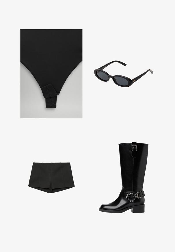 Šedý pruhovaný blazer s přiléhavým střihem, výstřihem do špičky, dvěma knoflíky a dvěma předními kapsami. Vyrobeno z texturované tkaniny s hladkým podšívkou.; Černý body s hladkým povrchem, s výstřihem ve tvaru V a detailním zapínáním na patentky ve spodní části. Jednoduchý, minimalistický design.; Černé kraťasy vyrobené z texturované tkaniny, s vysokým pasem a přiléhavým střihem s předními švy. Žádné kapsy ani uzávěry nejsou viditelné.; Černá kožená vysoká bota po kolena s kulatou špičkou, masivním podpatkem, nastavitelným popruhem s kovovými akcenty a lesklým povrchem.; Černé oversized sluneční brýle s oválnými čočkami, hladkým plastovým rámem a zlatými akcenty na spáncích. Tmavé čočky poskytují ochranu před sluncem.; Černá kožená kabelka přes rameno s zakřiveným siluetou, která má zlatý řetízkový popruh a hladký, lesklý povrch.