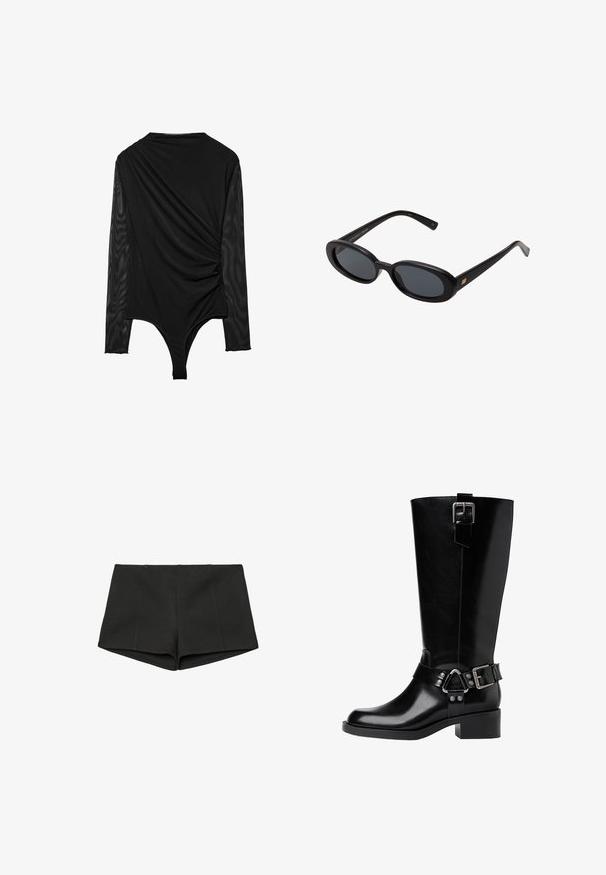 Gray striped blazer with a tailored fit, notched lapels, two buttons, and two front pockets. Made from textured fabric with a smooth lining.; Black bodysuit with long sheer sleeves, draped fabric in front, and a fitted bottom. Smooth texture with a form-fitting silhouette.; Black shorts made of textured fabric, featuring a high waistband and a fitted design with front seams. No pockets or fasteners visible.; Black leather knee-high boot with a rounded toe, a chunky heel, adjustable strap with hardware accents, and a glossy finish.; Black oversized sunglasses with oval lenses, smooth plastic frame, and gold accents on temple. Dark lenses provide sun protection.; Black leather shoulder bag with a curved silhouette, featuring a gold chain strap and a smooth, glossy finish.