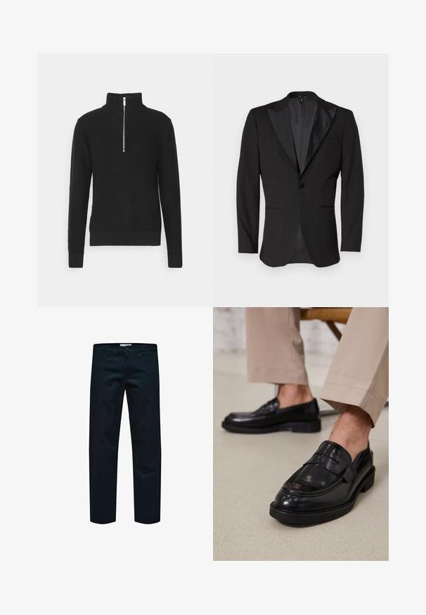 Črni frak jakna z satenskimi vrhunskimi klapami, enojnim gumbom na zapiranju, dvema sprednjima žepoma in razporkom na hrbtu. Gladka tekstura.; Črni pleteni pulover z visokim ovratnikom, zadrgo, rebrastimi manšetami in robom, ki se ponaša z gladko teksturo in prilegajočo silhueto.; Črne bombažne hlače z ravnim krojem, ki imajo preprost gumbasti odpiralko in standardne žepe. Gladka tekstura in brez vidnih vzorcev.; Črne usnjene loafer čevlje z gladko površino, ki imajo okrasno zaponko in kontrastno šivanje, v kombinaciji s bež hlačami.