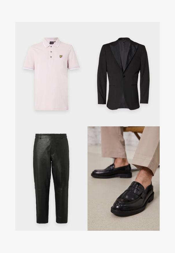 Juodas smokingas su satino viršūnėmis, vienu mygtuku užsegamas, dviem priekinėm kišenėm ir skeltuku gale. Lygus paviršius.; Šviesiai rožinė medvilninė polo marškinėliai su trimis mygtukais, balti akcentai ant apykaklės ir rankovių, bei geltona drugelio logo ant krūtinės.; Juodos odinės tiesios kojos kelnės su diržo kilpomis ir šoninėmis kišenėmis, pristatytos prieš paprastą šviesų foną.; Juodi odiniai loaferiai su lygia apdaila, su dekoratyvine juosta ir kontrastinėmis siūlėmis, derinami su bežinėmis kelnėmis.