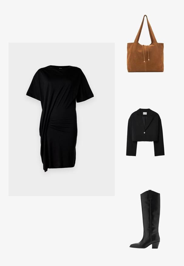 Kratka črna blazer jakna z izrezanim ovratnikom, zapiranjem na en gumb in širokimi rokavi. Narejena iz gladkega materiala z obrobami na robovih.; Črna majica obleka s kratkimi rokavi, z zasukano vozlišče na strani, izdelana iz mehke bombažne tkanine. Preprosta, udobna kroj.; Visoke, črne usnjene škornje s kvadratnim nosom in srednje visoko peto. Imajo šivane detajle in stranski trak za lažje obuvanje.; Rjava semiš torba z dvema dolgima ročajema, z vrvico za zapiranje in minimalističnim dizajnom. Gladka tekstura in brez vidnih kovinskih dodatkov.