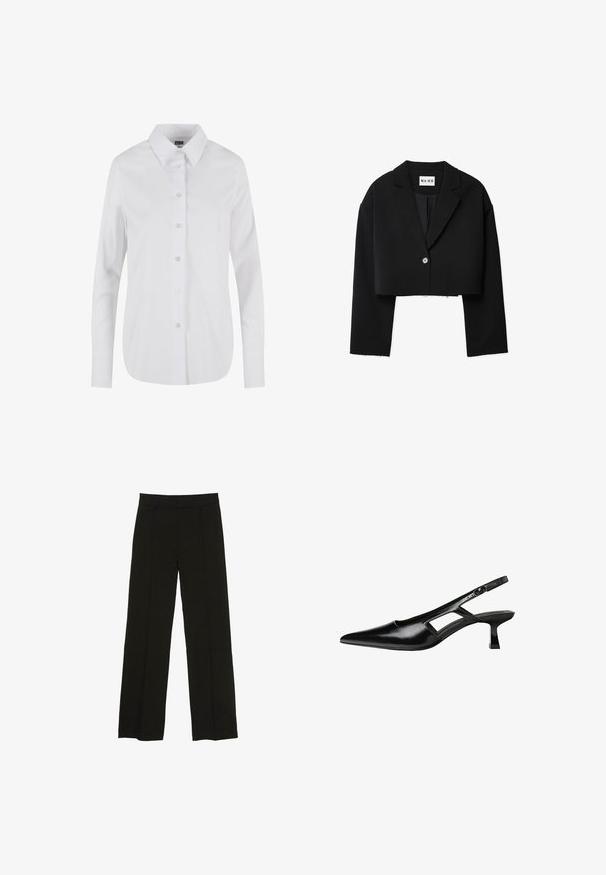 Przycięta czarna marynarka z wyłogi, zapinana na jeden guzik i z szerokimi rękawami. Wykonana z gładkiego materiału z surowymi krawędziami.; Biała koszula z długim rękawem, zapinana na guziki, z klasycznym kołnierzykiem, gładką fakturą i sześcioma guzikami z przodu. Dopasowany fason z zaokrąglonym dołem.; Czarne spodnie szerokie na nogawkach wykonane z gładkiego materiału, z dopasowanym paskiem w talii i subtelnymi fałdami z przodu, które dodają tekstury.; Czarne lakierowane czółenka na odkrytej pięcie z wąskim noskiem, z wykrojem po bokach i małym kwadratowym obcasem. Gładka faktura z minimalnymi akcentami.