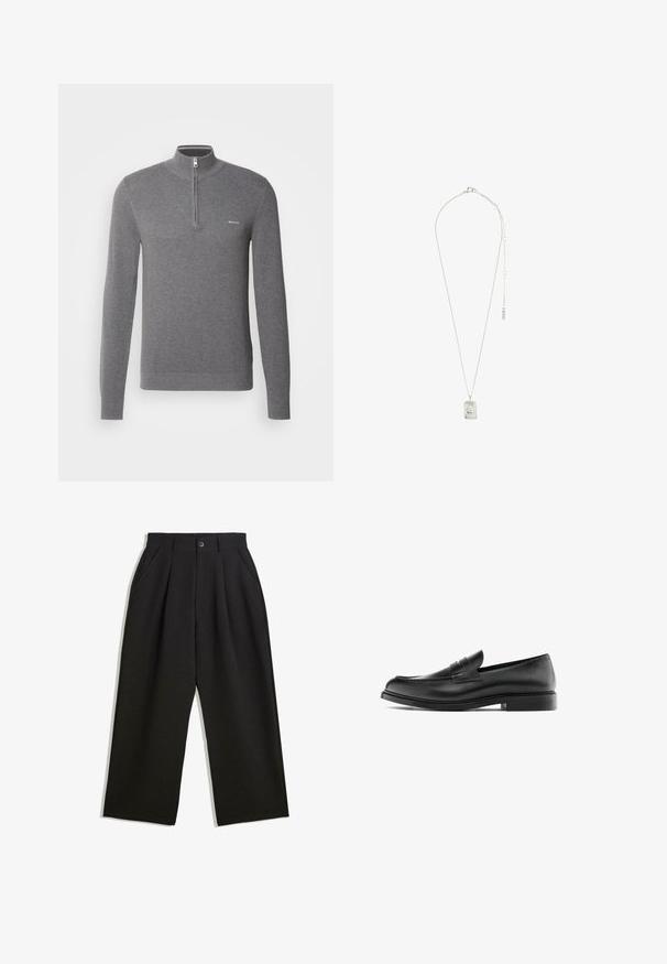 Blazer pour homme gris foncé à simple boutonnage avec revers crantés, deux poches à rabat à l'avant, une poche poitrine et doublure intérieure noire.; Pull-over en gris à manches longues avec un col zippé mi-haut, un motif tricoté texturé, et un petit logo sur la poitrine gauche.; Pantalons noirs à coupe décontractée, avec des plis à l'avant, des poches latérales et une fermeture à bouton. Fabriqués en tissu texturé.; Mocassin penny en cuir noir avec un petit talon, bout rond et détails cousus sur le dessus, présenté en profil sur un fond blanc.; Collier en argent avec un pendentif rectangulaire au design complexe, une chaîne fine et un fermoir ajustable pour régler la longueur.