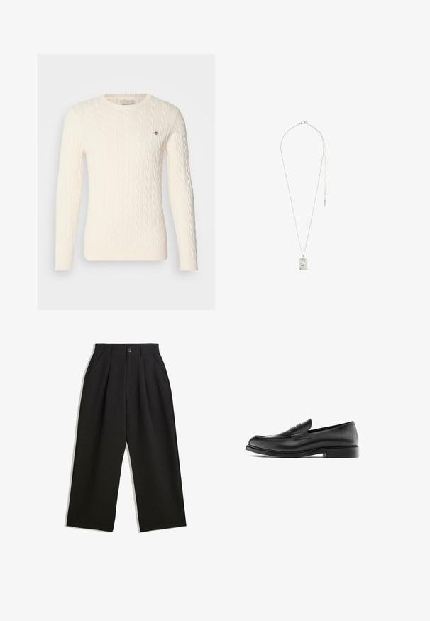 Dark gray single-breasted men's blazer with notch lapels, two front flap pockets, one chest pocket, and black inner lining.; Cable-knit, cream sweater with long sleeves, round neckline, ribbed cuffs and hem, featuring a small logo detail on the chest.; Black trousers with a relaxed fit, featuring pleats at the front, side pockets, and a button closure. Made from textured fabric.; Black leather penny loafer with low heel, rounded toe, and stitched detail along the upper, shown in side profile on a white background.; Silver necklace featuring a rectangular pendant with intricate design, a fine chain, and an adjustable clasp for length adjustment.