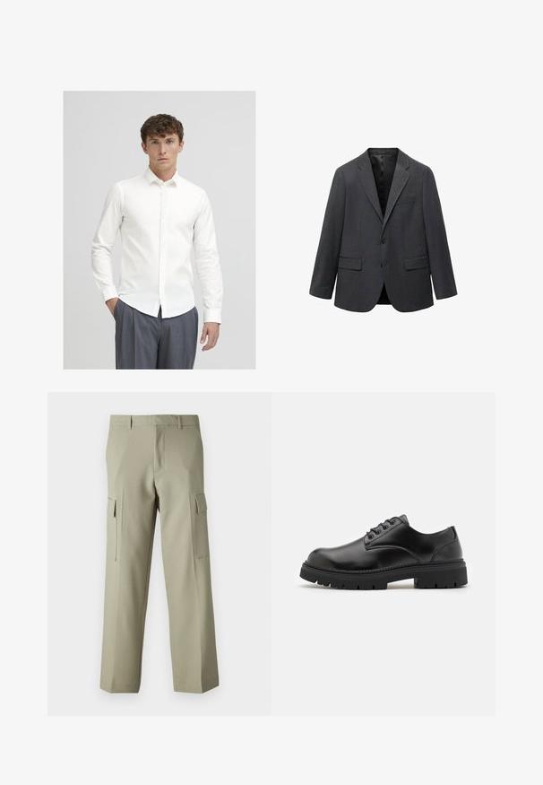 Tmavosivý jednoradový pánsky blejzer s klopovými reverzami, dvoma prednými vreckami s chlopňami, jedným náprsním vreckom a čiernou podšívkou.; Biela košeľa na gombíky s dlhými rukávmi, vyrobená z hladkej látky. Má klasický golier a úzky strih, v páre so šedými prúžkovanými nohavicami.; Svetlozelené cargo nohavice so strihom rovného nohu, ktoré majú bočné vrecká a hladkú textúru látky. Zobrazený pohľad zozadu.; Čierne kožené topánky s okrúhlou špičkou, šnurovací dizajn a hrubou, textúrovanou gumovou podrážkou. Má šitie pozdĺž okraja a hladký povrch.