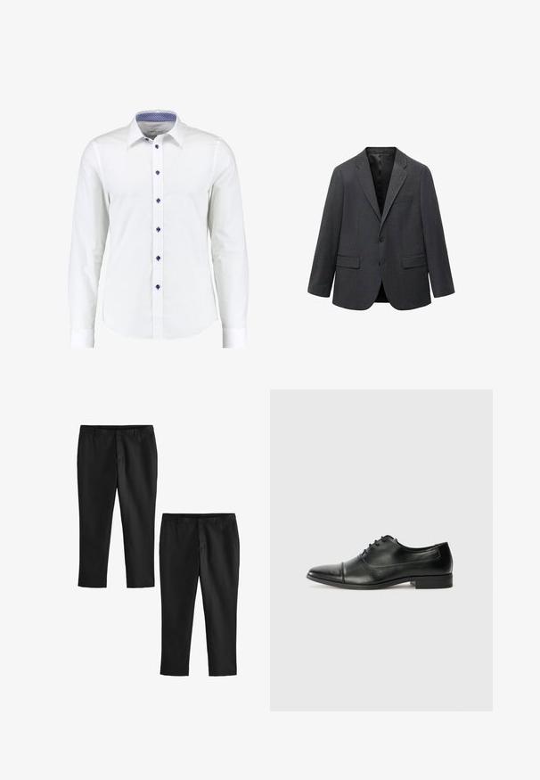 Tamno sivi jednoredni sako za muškarce s reverima u obliku slova notch, dva prednja džepa s preklopom, jedan džep za srce i crnu unutrašnjost.; Bijela košulja dugih rukava s kragnom koja se zakopčava gumbima, s plavim gumbima kao akcentom i plavim kariranim uzorkom unutar kragne.; Crne krojene hlače s glatkom teksturom, s ravnim krojem nogavica i srednje visokim strukom. Prikazane su dvije varijante, od kojih su jedne skraćene.; Crne kožne cipele s oštrim prstom, vezicama i suptilnim detaljima šivanja. Imaju nisku blok potpeticu i glatku sjajnu završnu obradu.