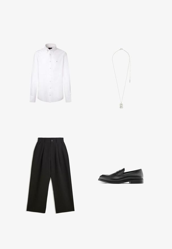 Dunkelgrauer, einreihiger Herrenblazer mit Reverskragen, zwei vorderen Eingrifftaschen, einer Brusttasche und schwarzer Innenauskleidung.; Weißes Langarmhemd aus Baumwolle. Verfügt über einen klassischen Button-Down-Kragen, vordere Knöpfe und ein kleines blaues Logo auf der linken Brust.; Schwarze Hose mit lockerem Schnitt, mit Falten an der Vorderseite, Seitentaschen und einem Knopfverschluss. Hergestellt aus strukturiertem Stoff.; Schwarzer Leder-Pennyloafer mit niedrigem Absatz, runder Zehenform und gesticktem Detail entlang des Oberleders, seitlich auf einem weißen Hintergrund dargestellt.; Silberne Halskette mit einem rechteckigen Anhänger mit filigranem Design, einer feinen Kette und einem verstellbaren Verschluss zur Längenanpassung.