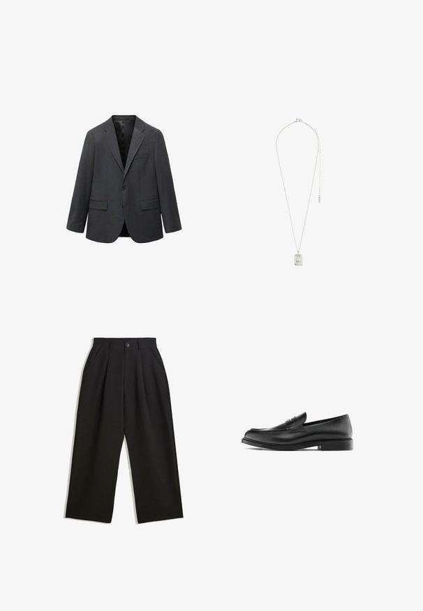 Dunkelgrauer, einreihiger Herrenblazer mit Reverskragen, zwei vorderen Eingrifftaschen, einer Brusttasche und schwarzer Innenauskleidung.; Schwarzes Langarm-Henley-Shirt aus weichem Stoff, mit knöpfbarer Leiste, rundem Ausschnitt und enganliegenden Ärmeln.; Schwarze Hose mit lockerem Schnitt, mit Falten an der Vorderseite, Seitentaschen und einem Knopfverschluss. Hergestellt aus strukturiertem Stoff.; Schwarzer Leder-Pennyloafer mit niedrigem Absatz, runder Zehenform und gesticktem Detail entlang des Oberleders, seitlich auf einem weißen Hintergrund dargestellt.; Silberne Halskette mit einem rechteckigen Anhänger mit filigranem Design, einer feinen Kette und einem verstellbaren Verschluss zur Längenanpassung.