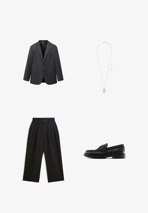 Dunkelgrauer, einreihiger Herrenblazer mit Reverskragen, zwei vorderen Eingrifftaschen, einer Brusttasche und schwarzer Innenauskleidung.; Schwarzes Langarm-Henley-Shirt aus weichem Stoff, mit knöpfbarer Leiste, rundem Ausschnitt und enganliegenden Ärmeln.; Schwarze Hose mit lockerem Schnitt, mit Falten an der Vorderseite, Seitentaschen und einem Knopfverschluss. Hergestellt aus strukturiertem Stoff.; Schwarze Lederloafers mit runder Zehenform, genähten Details und flacher Gummisohle. Mit einem Vorderband-Design.; Silberne Halskette mit einem rechteckigen Anhänger mit filigranem Design, einer feinen Kette und einem verstellbaren Verschluss zur Längenanpassung.