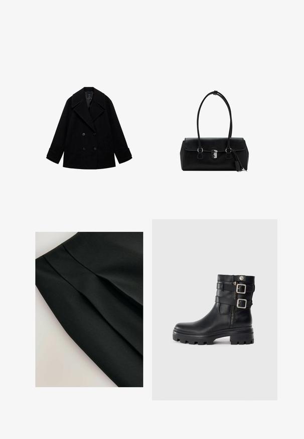 Sort uld peacoat med dobbeltbrystet design, store revers, lige snit og to foran lommer. Mat finish uden synlige mønstre.; Asymmetrisk sort top med én strop, lavet af glat stof, med draperede detaljer på siden for at tilføre tekstur.; Sort nederdel med plisseringer, lavet af et glat stof. Har et enkelt design og tekstureret overflade, som understreger struktur og form.; Sort læder ankelstøvle med dobbelt spændedetaljer, lynlås lukning, kraftig sål og glat tekstur. Har et robust og stilfuldt design.; Sort læderhåndtaske med en glat overflade, struktureret design, dobbelte håndtag og en sølvfarvet låsebeslag detalje i midten.