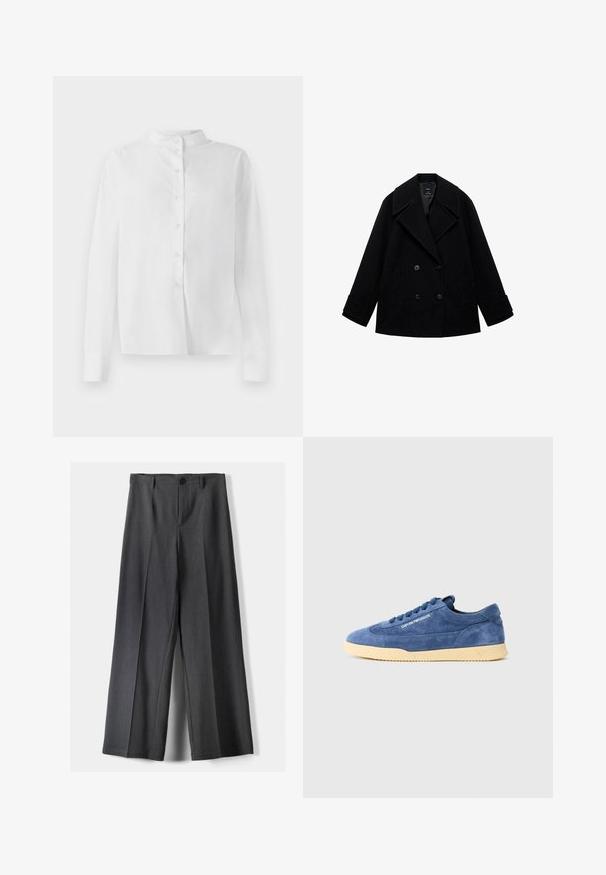 Svart ull peacoat med dubbelknappad design, stora slag, rak passform och två framfickor. Matt finish utan synliga mönster.; Vit långärmad skjorta med knappstängning och mandarinkrage, visad mot vit bakgrund.; Breda byxor i mörkgrått tyg, med knäppning, framvikt och bältesöglor. Slät textur med skräddarsydd design.; Blå mocka låga sneakers med krämfärgad sula, snören och "EMPORIO ARMANI"-logotyp på sidan, fotograferade mot en helt vit bakgrund.
