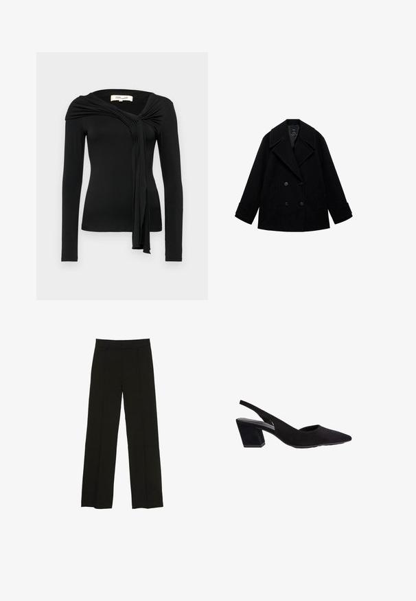 Schwarzer Woll-Peacoat mit doppelreihigem Design, großen Revers, geradem Schnitt und zwei vorderen Taschen. Mattes Finish ohne sichtbare Muster.; Diane von Furstenberg TWILA - Bluse - black; Schwarze weit geschnittene Hosen aus glattem Stoff, ausgestattet mit einem taillierten Bund und dezenten vorderen Falten für zusätzliche Struktur.; Schwarze Wildleder-Slingback-Pumps mit spitzem Zehenbereich und einem mittelhohen, geometrischen Blockabsatz. Glatte Textur und minimalistisches Design.