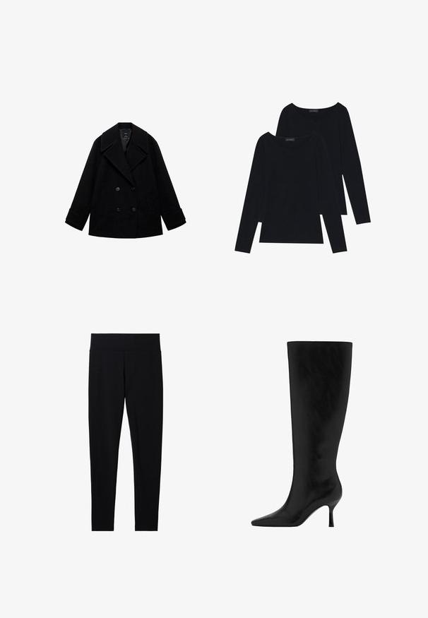 Manteau en laine noir de type peacoat avec un design à double boutonnage, grands revers, coupe droite et deux poches avant. Fini mat sans motifs visibles.; Deux tops noirs à manches longues en tissu côtelé doux avec de larges encolures rondes, présentant un design simple et une texture lisse.; Leggings noirs extensibles avec une large ceinture douce, présentant une texture lisse et une silhouette ajustée, adaptés à diverses activités.; Botte en cuir noir, montante jusqu'au genou, avec un bout pointu et un talon aiguille. Texture lisse avec un design épuré, sans matériel ou embellissements visibles.